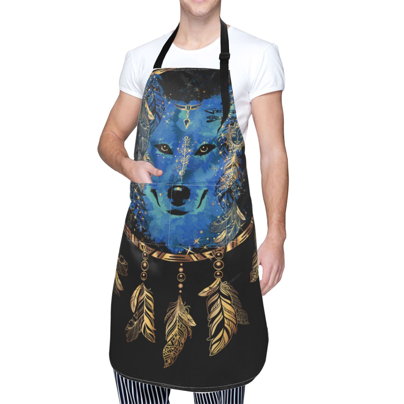Kdxio Wolf Head And Dreamcatcher Apron with Pockets Adjustable Kitchen Aprons for Men Women Waterproof Aprons for Cooking,Drawing,Crafting, Baking Household Cleaning