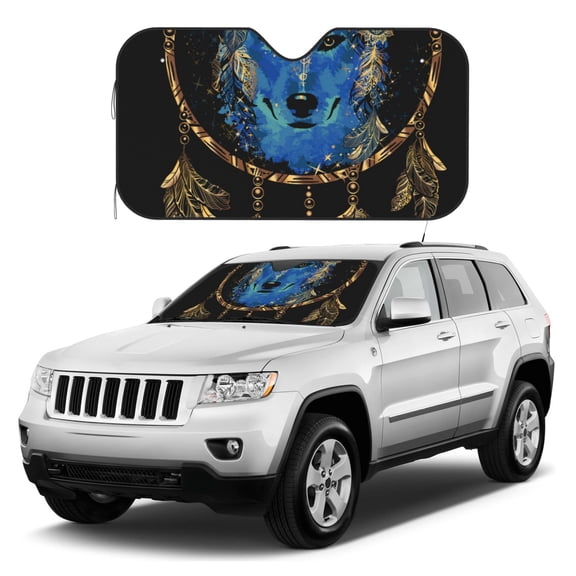 Kdxio Wolf Head And Dreamcatcher Print Windshield Sun Shade, Foldable Sun Blocker for Car,Truck,SUV Automotive Interior Sun Protection,Reflective Shade for Front Windshield(Small)