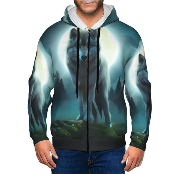 Kdxio Wolf Print Men Hoodies Casual Hoodies for Men with Zip Pockets Full Zip Long Sleeve Sweatshirt Sports Hooded Jacket-Small