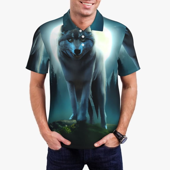 Kdxio Wolf Print Men's Short Sleeve Polo Shirt,Midweight Men's Shirt-X-Large