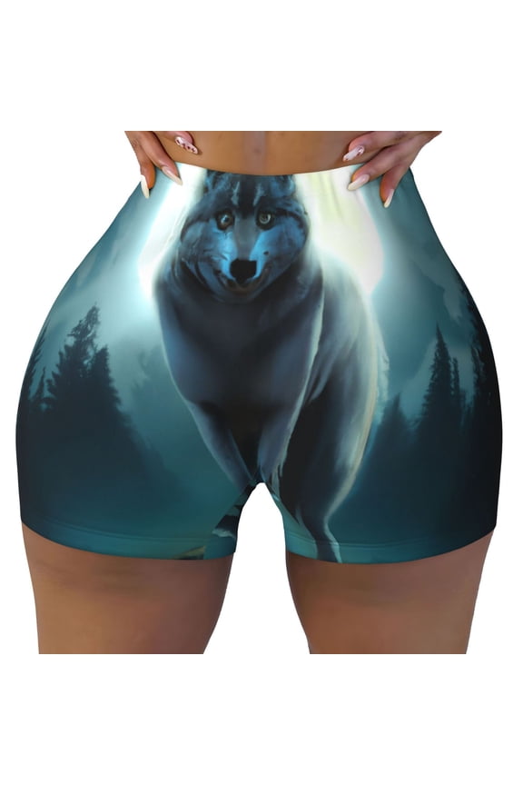Wolf Print Workout Shorts for Women Seamless Soft Smooth Gym Yoga Scrunch Active Shorts