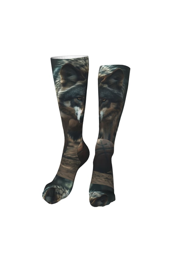 Wolf With Basketball Funny Silky Novelty Funky Long Knee High Socks Soft 3D Print Cosplay Crazy Stockings for Men Women