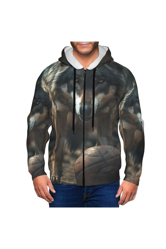 Wolf With Basketball Print Men Hoodies Casual Hoodies for Men with Zip Pockets Full Zip Long Sleeve Sweatshirt Sports Hooded Jacket-X-Large