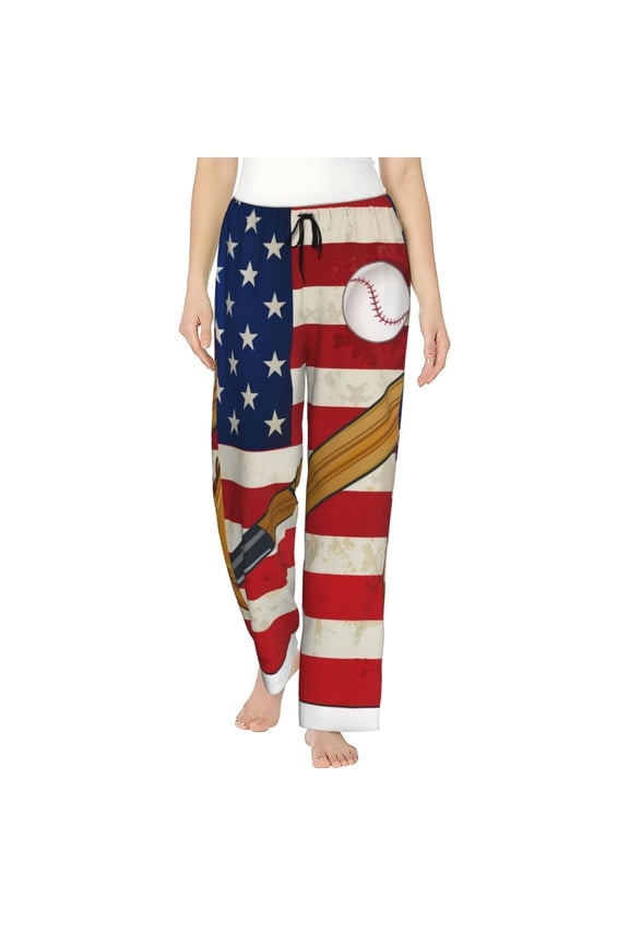 Women's Comfy Stretch American Flag And Baseball Print Drawstring Pajama Pants-XX-Large