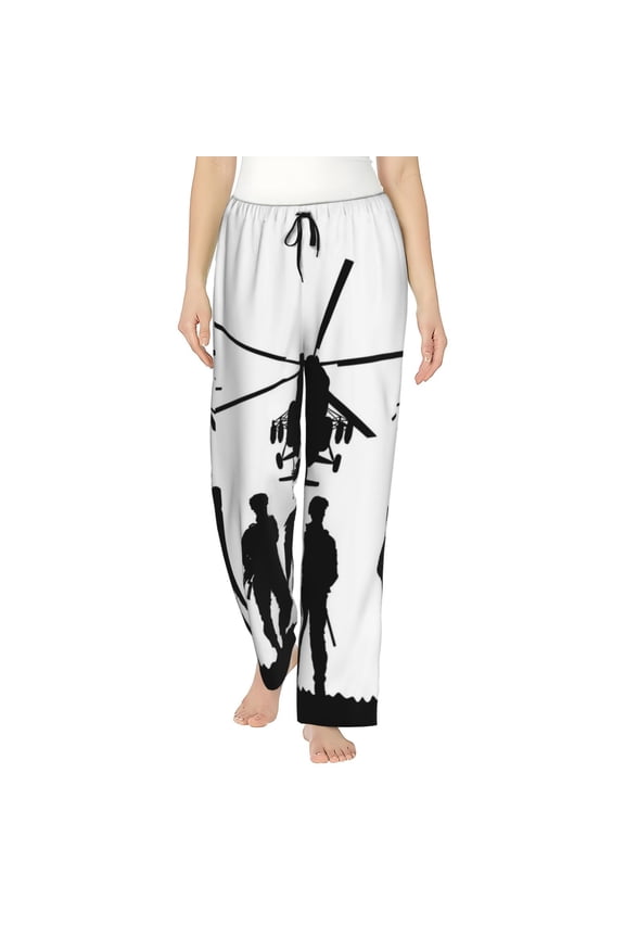 Women's Comfy Stretch Army Soldiers With Sniper Rifle On Duty Print Drawstring Pajama Pants-Large