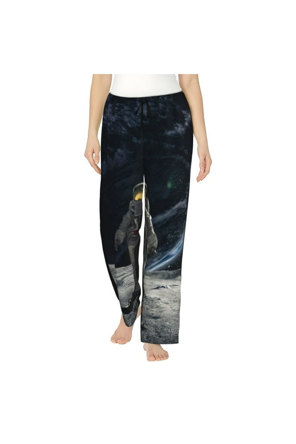 Women's Comfy Stretch Astronaut Standing In The Moon Print Drawstring Pajama Pants-X-Large