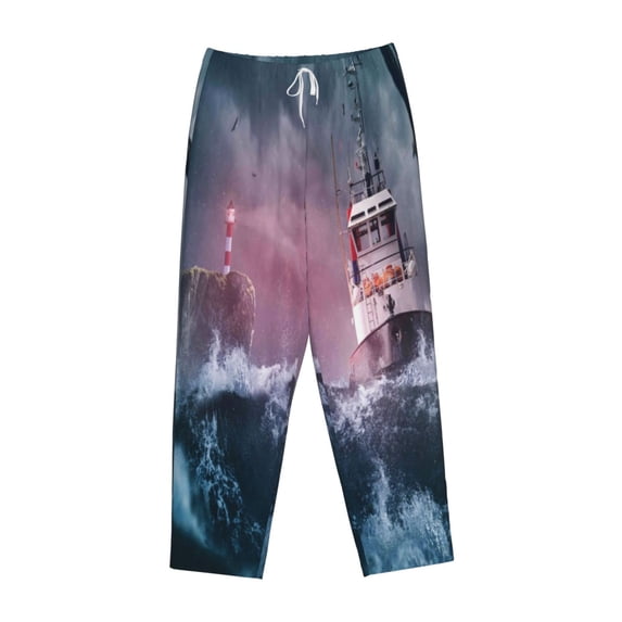 Kdxio Women's Comfy Stretch Boat Lighthouse Storm WavesPrint Drawstring Pajama Pants-Large