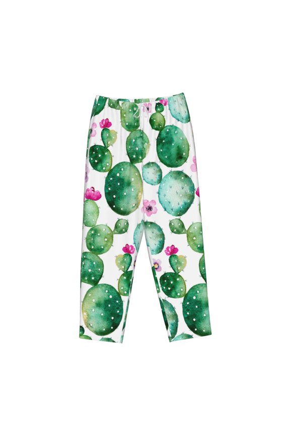 Women's Comfy Stretch Cactus PlantsPrint Drawstring Pajama Pants-Large