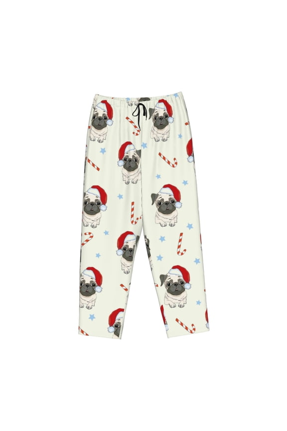 Women's Comfy Stretch Christmas Pug DogPrint Drawstring Pajama Pants-Medium