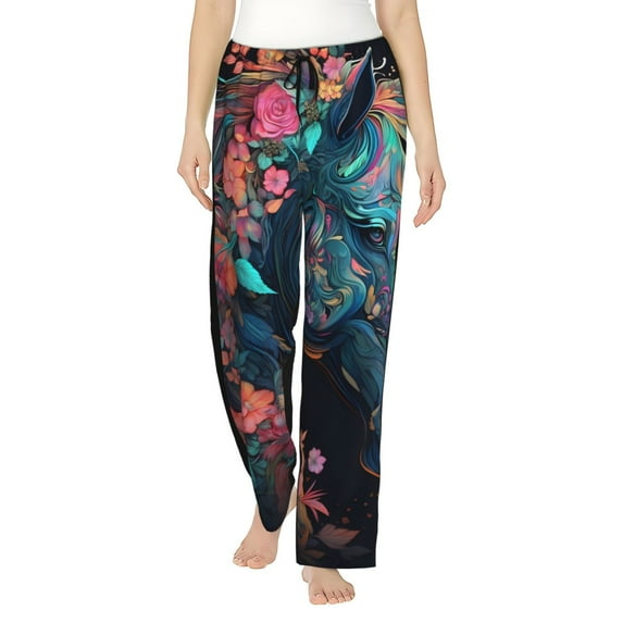 Kdxio Women's Comfy Stretch Colorful Floral Patterned Horse Print Drawstring Pajama Pants-Medium