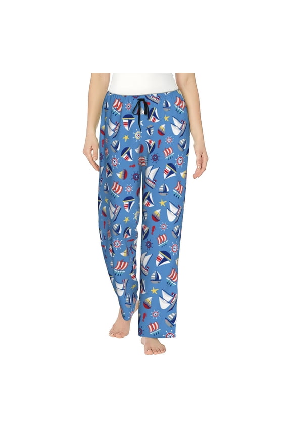 Women's Comfy Stretch Colorful Sailing Ship Print Drawstring Pajama Pants-Large