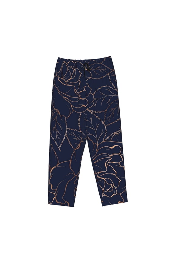 Women's Comfy Stretch Copper-Gold Gloss Outline Navy Dark BluePrint Drawstring Pajama Pants-Small