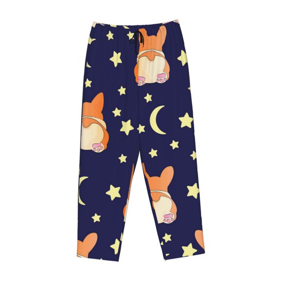 Kdxio Women's Comfy Stretch Corgi Lying With Moons And StarsPrint Drawstring Pajama Pants-Large
