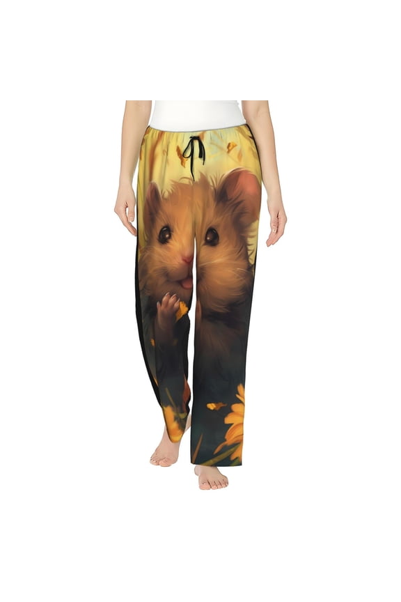 Women's Comfy Stretch Cute Sunflower Guinea Pig Print Drawstring Pajama Pants-Medium
