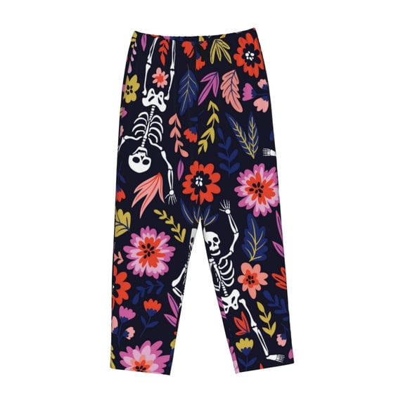 Kdxio Women's Comfy Stretch Dancing Skeletons Floral GardenPrint Drawstring Pajama Pants-Large