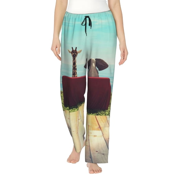 Kdxio Women's Comfy Stretch Elehpant And A Giraffe Looking At The Sea Print Drawstring Pajama Pants-