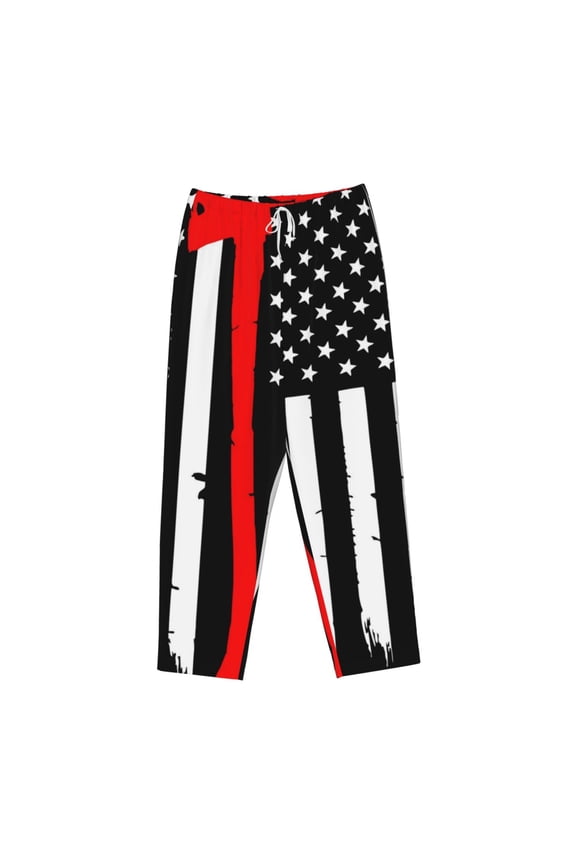 Women's Comfy Stretch Firefighters USA FlagPrint Drawstring Pajama Pants-Medium