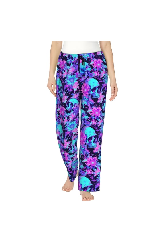 Women's Comfy Stretch Flower Happy Skull Print Drawstring Pajama Pants-XX-Large