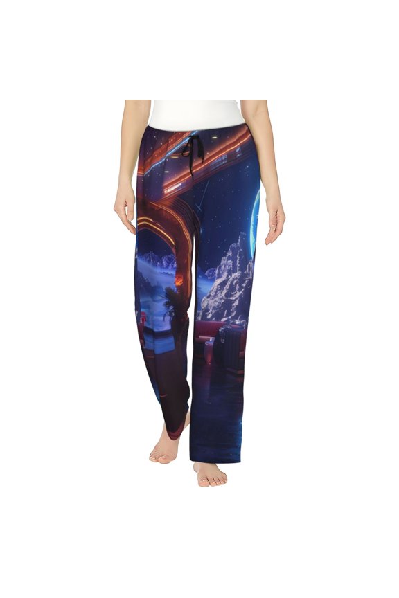 Women's Comfy Stretch Futuristic Bar Space View Print Drawstring Pajama Pants-Large