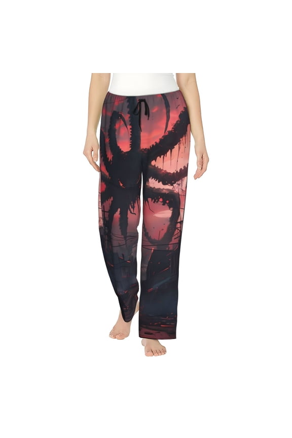 Women's Comfy Stretch Giant Monster Over City Print Drawstring Pajama Pants-Large