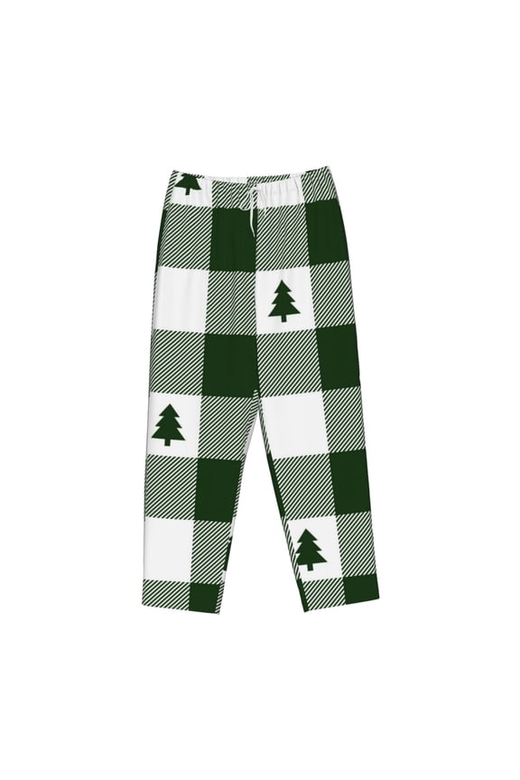 Women's Comfy Stretch Green White Lumberjack PlaidPrint Drawstring Pajama Pants-Medium