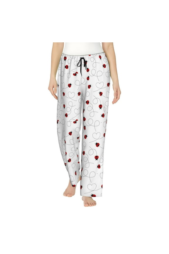 Women's Comfy Stretch Ladybugs Flying On Dotted Route Print Drawstring Pajama Pants-Medium