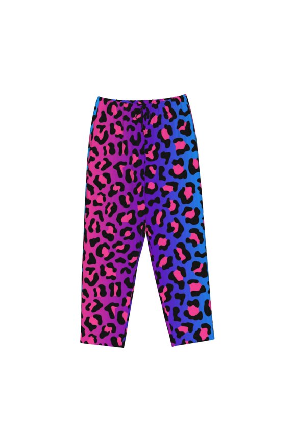 Women's Comfy Stretch Leopard Neon Rainbow GradientPrint Drawstring Pajama Pants-Small