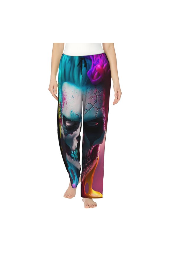 Women's Comfy Stretch Modern Abstract Colorful Skull A Print Drawstring Pajama Pants-X-Large