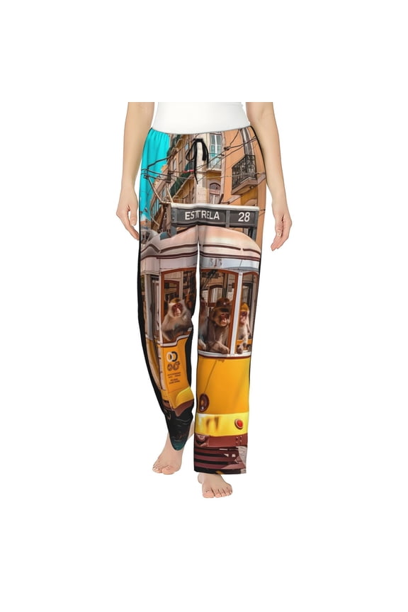 Women's Comfy Stretch Modern Urban Monkey Print Drawstring Pajama Pants-Medium
