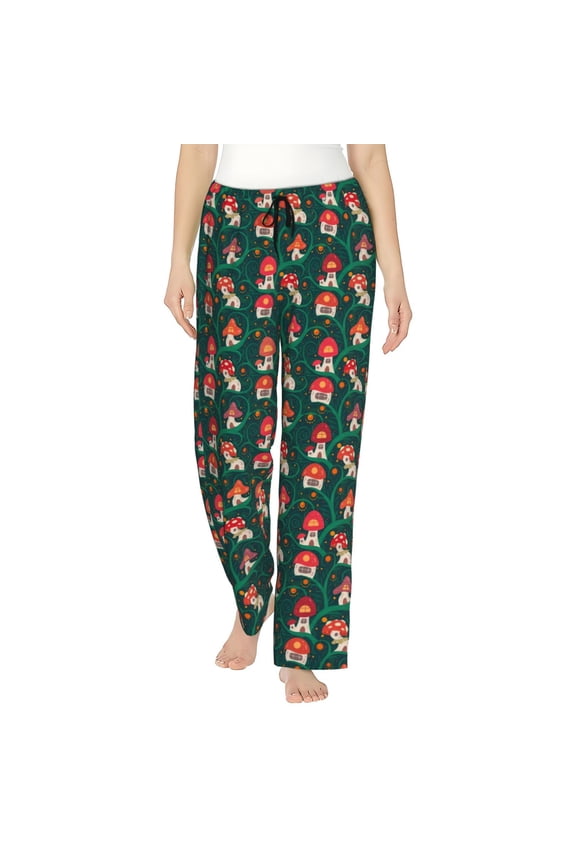 Women's Comfy Stretch Mushroom House Print Drawstring Pajama Pants-Medium