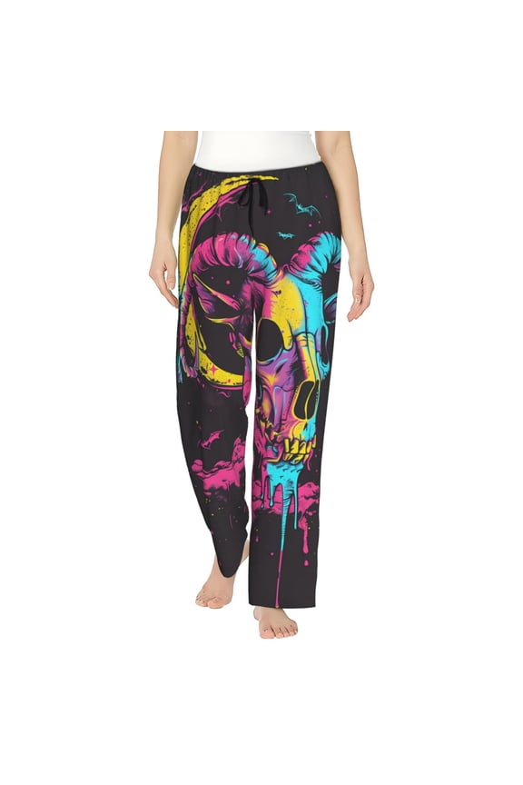 Women's Comfy Stretch Neon Gothic Skull Moon Print Drawstring Pajama Pants-X-Large