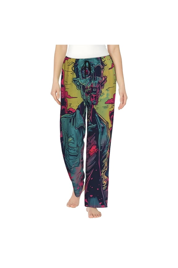 Women's Comfy Stretch Neon Zombie Skull Print Drawstring Pajama Pants-Medium