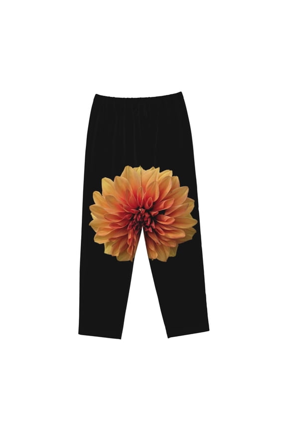 Women's Comfy Stretch Orange DaliaPrint Drawstring Pajama Pants-Large