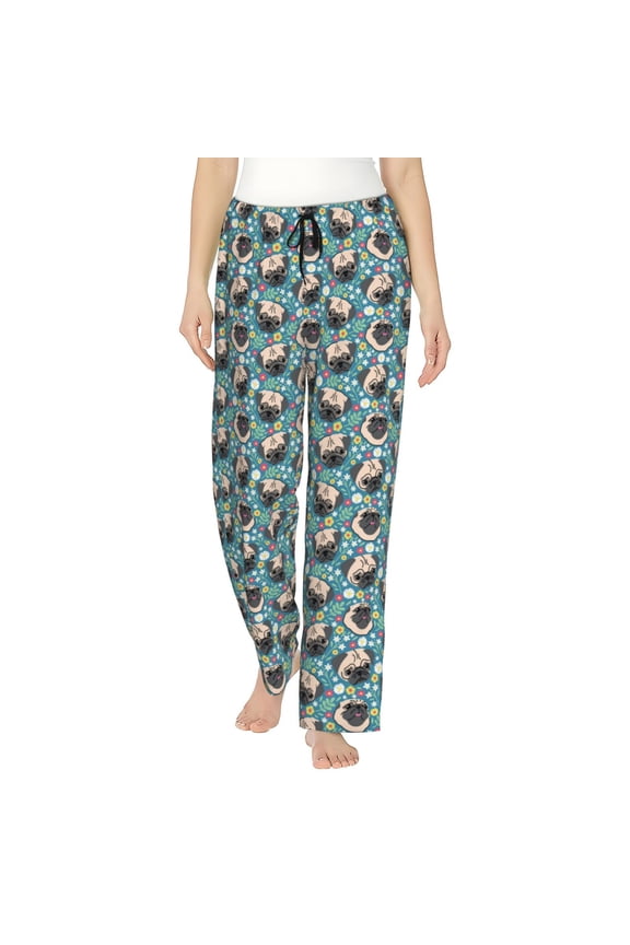 Women's Comfy Stretch PUG HEAD And Flower Print Drawstring Pajama Pants-Medium