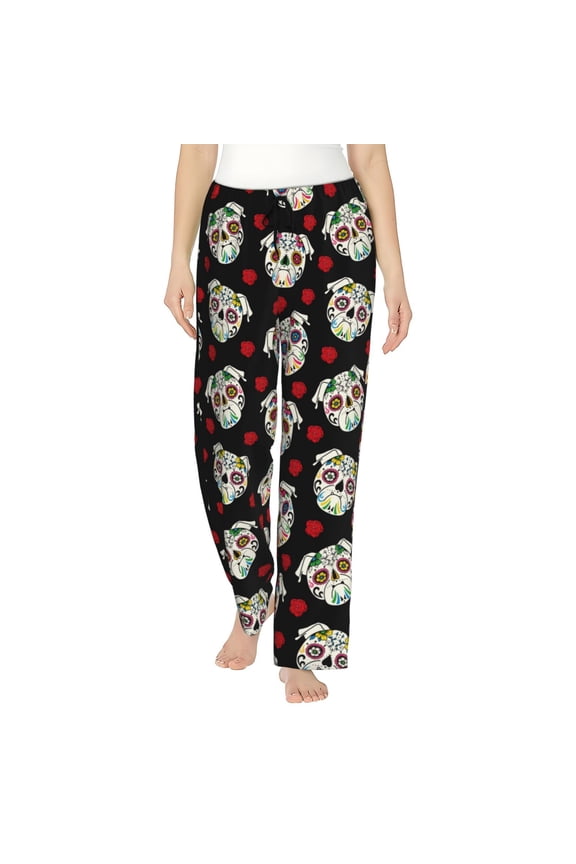Women's Comfy Stretch PUG Print Drawstring Pajama Pants-Medium