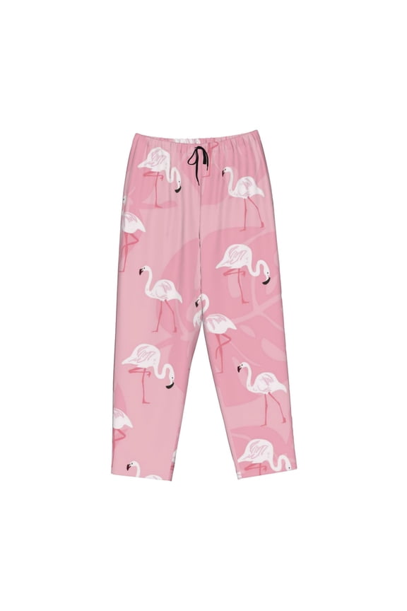 Women's Comfy Stretch Pink Flamingos and FlowersPrint Drawstring Pajama Pants-Small