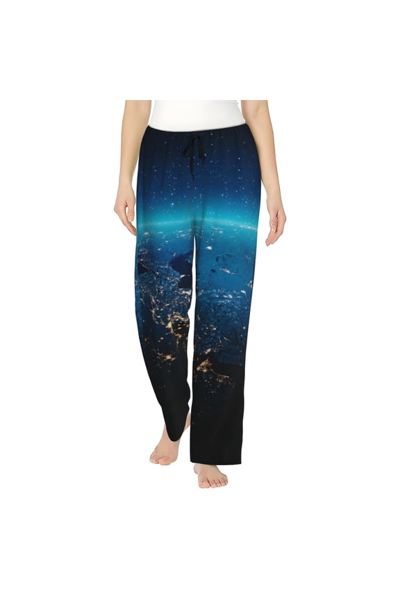 Women's Comfy Stretch Planet Earth Print Drawstring Pajama Pants-X-Large