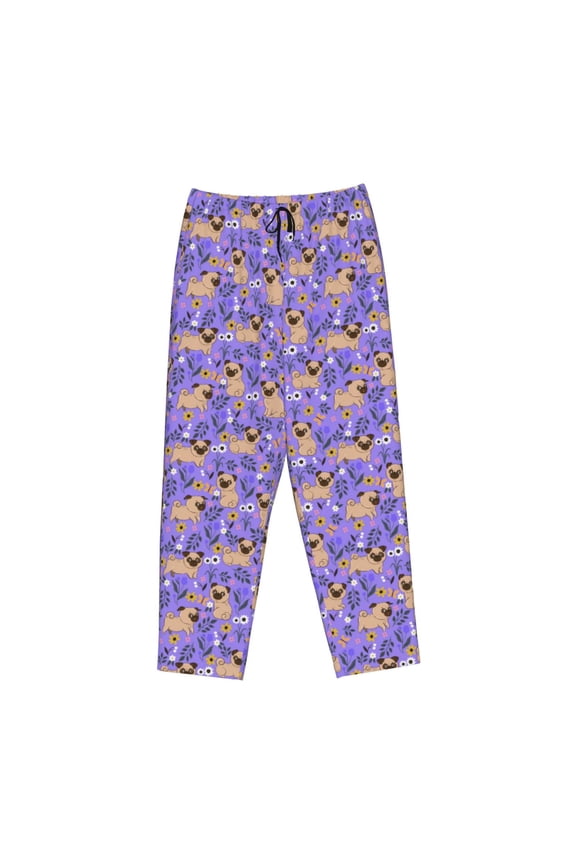 Women's Comfy Stretch Pugs and FlowersPrint Drawstring Pajama Pants-Medium