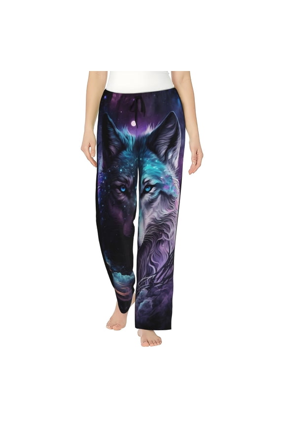 Women's Comfy Stretch Purple Sky Wolf Print Drawstring Pajama Pants-XX-Large