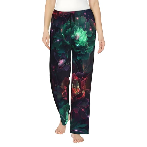Kdxio Women's Comfy Stretch Red And Green Carnation Print Drawstring Pajama Pants-Small