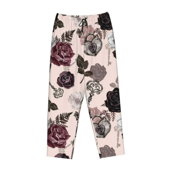 Kdxio Women's Comfy Stretch Retro Red Black RosesPrint Drawstring Pajama Pants-Medium