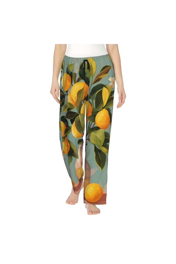 Women's Comfy Stretch Retro Warm Lemon Flower Print Drawstring Pajama Pants-Large