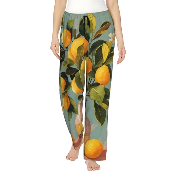 Kdxio Women's Comfy Stretch Retro Warm Lemon Flower Print Drawstring Pajama Pants-Large
