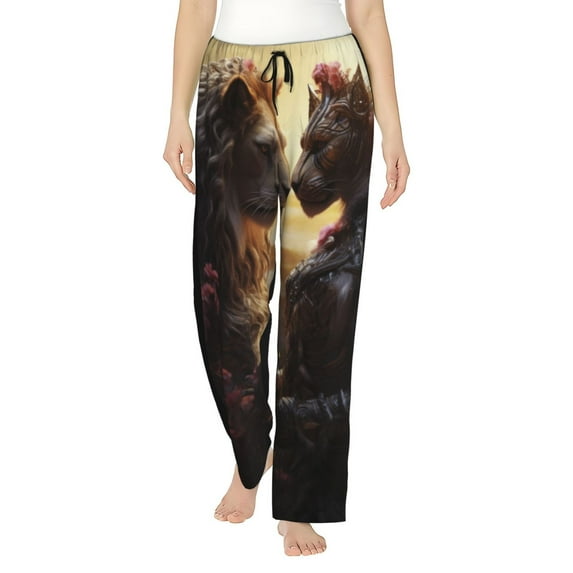 Kdxio Women's Comfy Stretch Romantic Flower Lion Couple Print Drawstring Pajama Pants-Large
