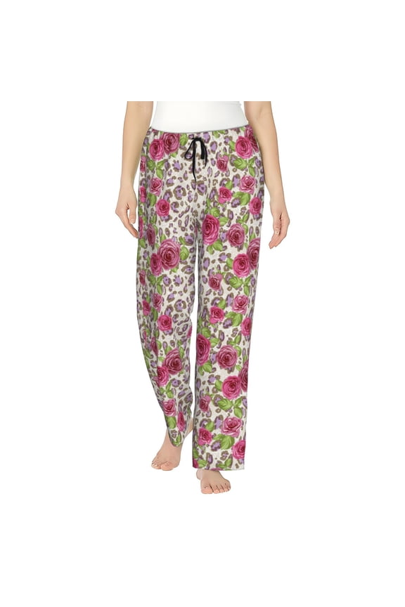 Women's Comfy Stretch Rose Mix Leopard 4 Print Drawstring Pajama Pants-Medium