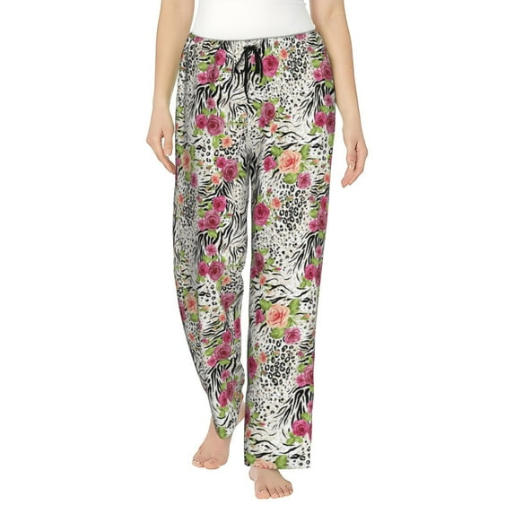 Kdxio Women's Comfy Stretch Roses Mixed Zebra Print Drawstring Pajama Pants-X-Large