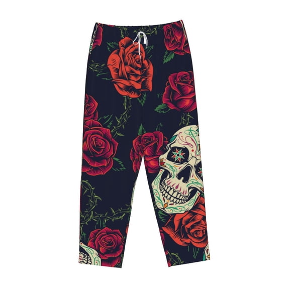 Kdxio Women's Comfy Stretch Roses SkullsPrint Drawstring Pajama Pants-Medium