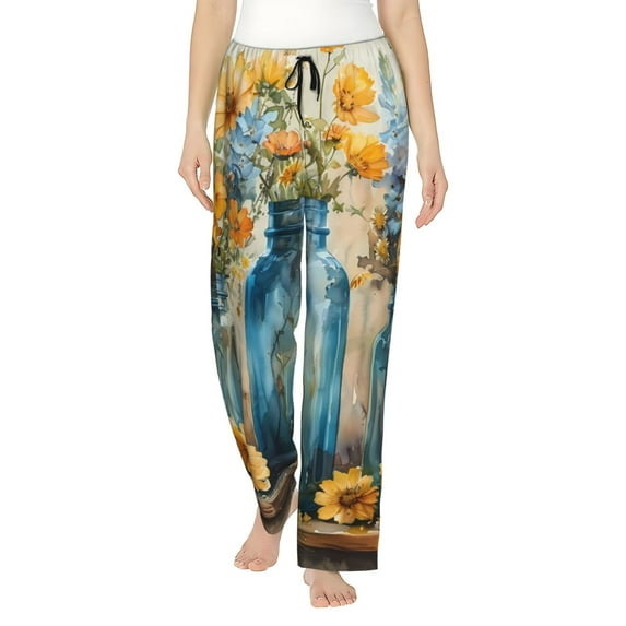 Kdxio Women's Comfy Stretch Rustic Blue Vase Blossoms Print Drawstring Pajama Pants-X-Large