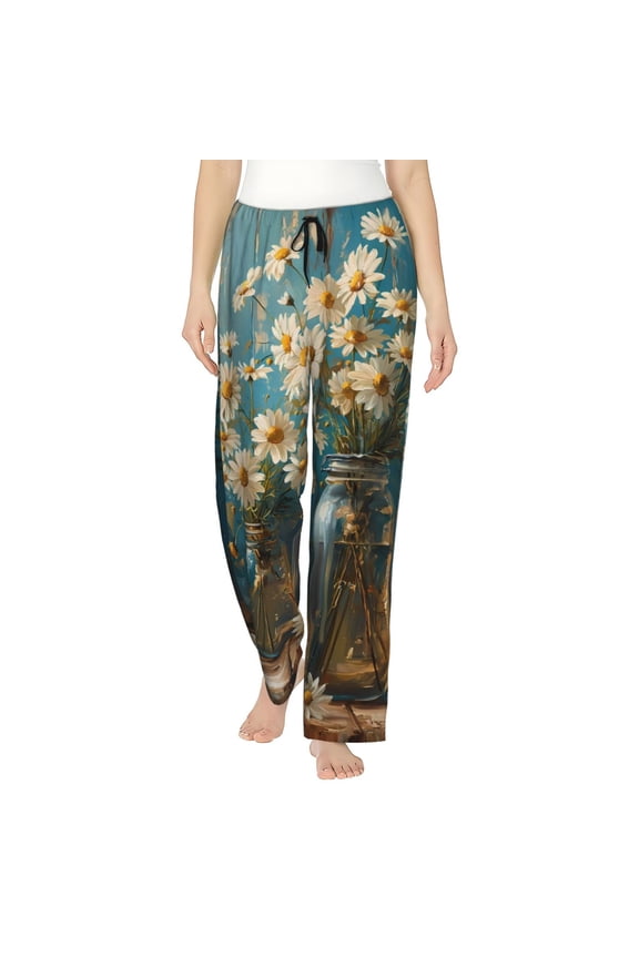 Women's Comfy Stretch Rustic Daisy Mason Jars Print Drawstring Pajama Pants-Small