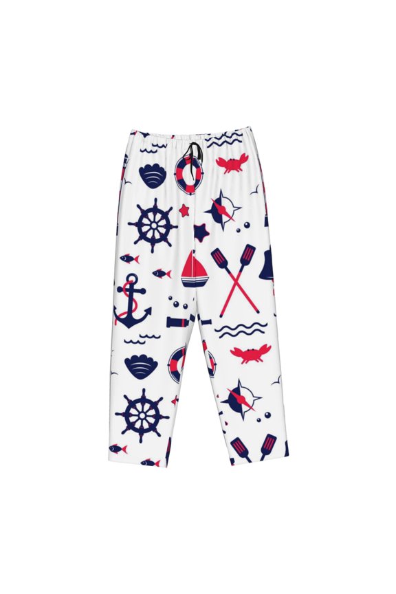 Women's Comfy Stretch Sailing Marine TravelPrint Drawstring Pajama Pants-Medium